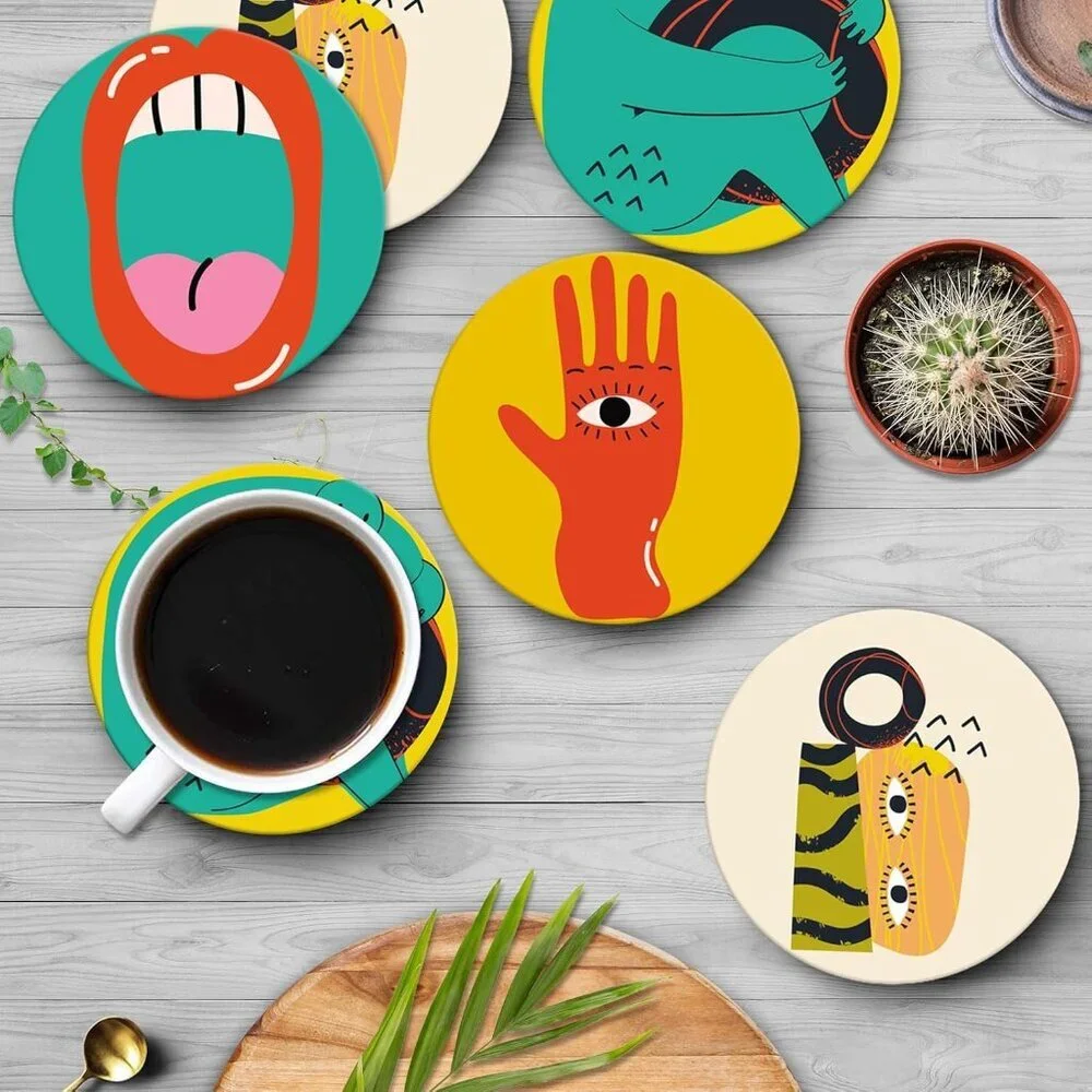 Table Coaster for Drinks Set of 6, Cute Funny Vintage Music Retro Geometric Coff